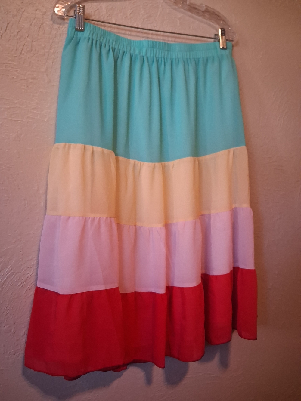 Allegra K Tiered Colorblock Midi Skirt - Turquoise, Yellow, Pink & Red